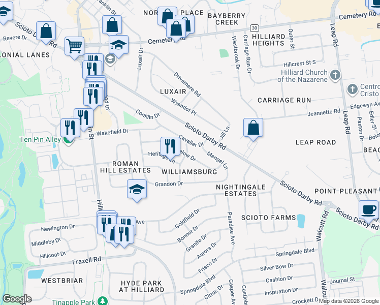map of restaurants, bars, coffee shops, grocery stores, and more near 5148 Bigelow Drive in Hilliard