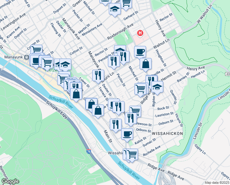 map of restaurants, bars, coffee shops, grocery stores, and more near 4015 Manayunk Avenue in Philadelphia