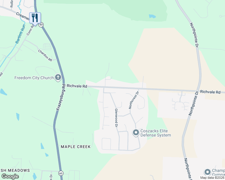 map of restaurants, bars, coffee shops, grocery stores, and more near 2120 Oak Ridge Circle in Nashport