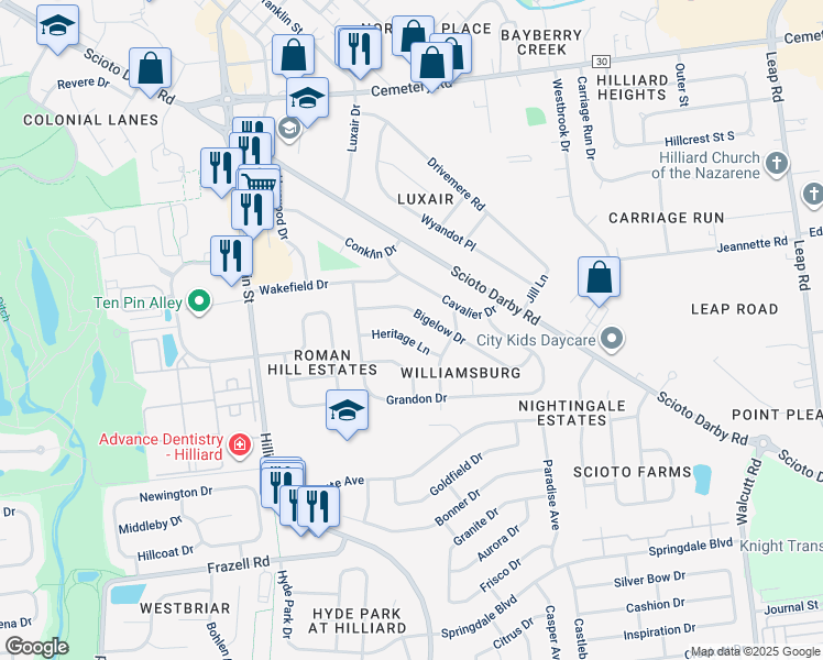 map of restaurants, bars, coffee shops, grocery stores, and more near 5212 Heritage Lane in Hilliard
