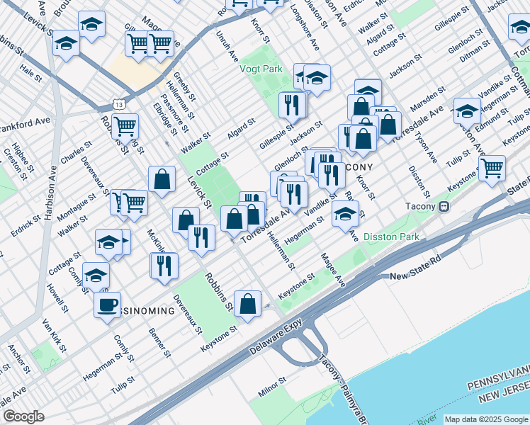 map of restaurants, bars, coffee shops, grocery stores, and more near 6513 Marsden Street in Philadelphia