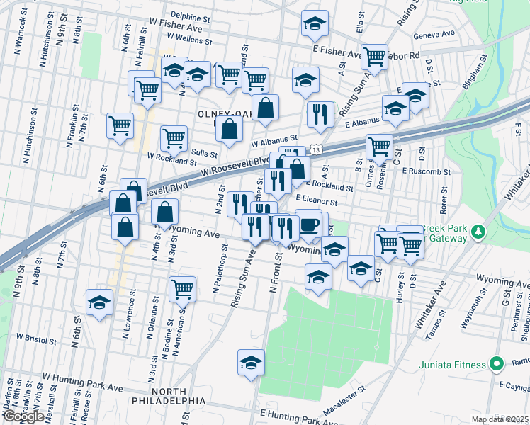 map of restaurants, bars, coffee shops, grocery stores, and more near 128 West Loudon Street in Philadelphia