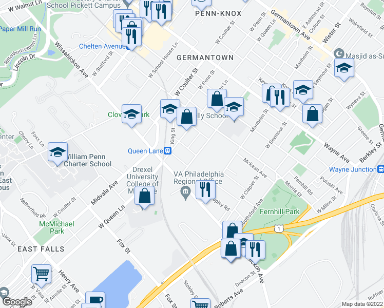 map of restaurants, bars, coffee shops, grocery stores, and more near 501 Hansberry Street in Philadelphia