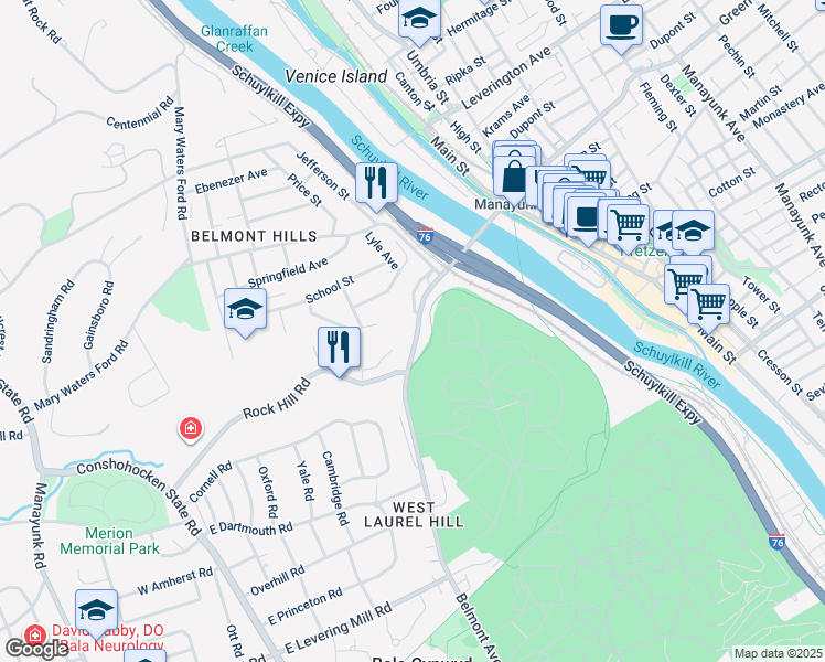 map of restaurants, bars, coffee shops, grocery stores, and more near 195 Belmont Avenue in Bala Cynwyd