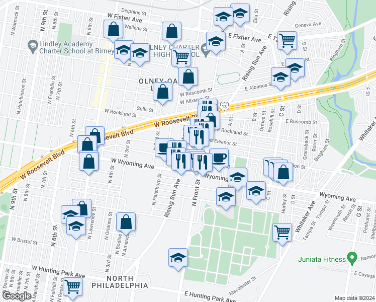 map of restaurants, bars, coffee shops, grocery stores, and more near 128 West Loudon Street in Philadelphia