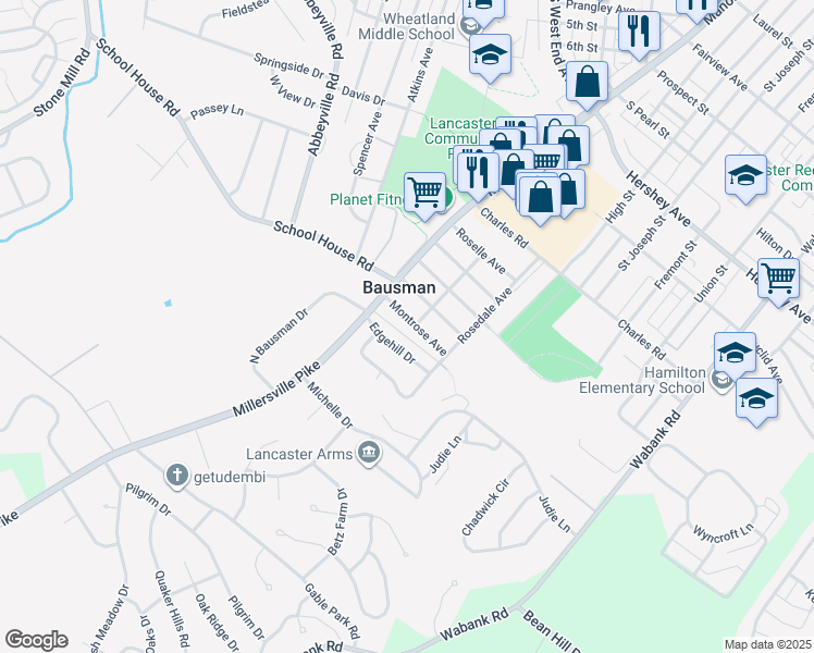 map of restaurants, bars, coffee shops, grocery stores, and more near 30 Montrose Avenue in Lancaster