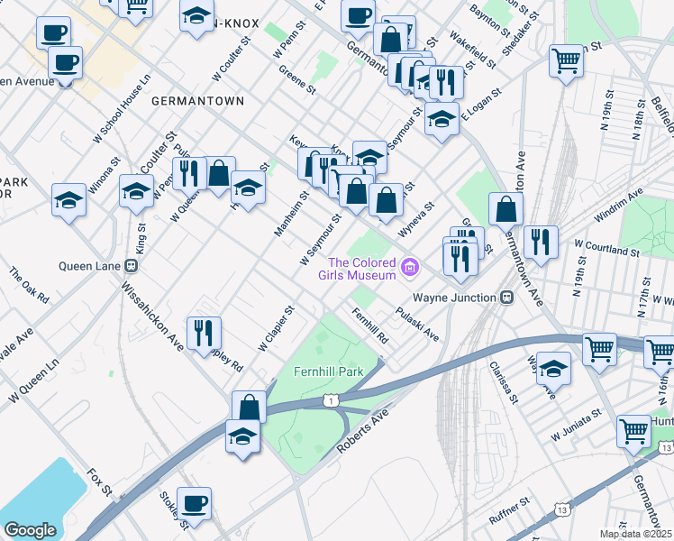 map of restaurants, bars, coffee shops, grocery stores, and more near 305 West Logan Street in Philadelphia