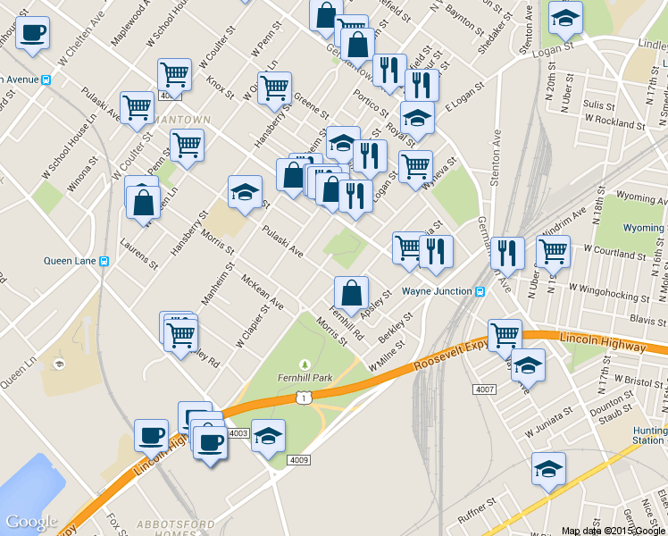 map of restaurants, bars, coffee shops, grocery stores, and more near 4841 Pulaski Ave in Philadelphia