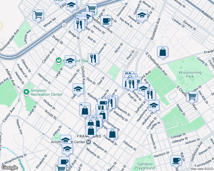 map of restaurants, bars, coffee shops, grocery stores, and more near 5125 Leiper Street in Philadelphia