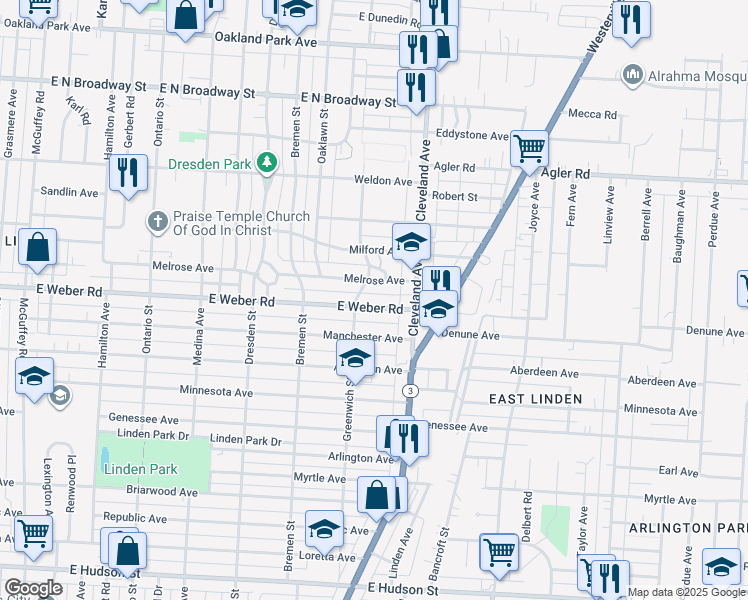 map of restaurants, bars, coffee shops, grocery stores, and more near 1682 East Weber Road in Columbus