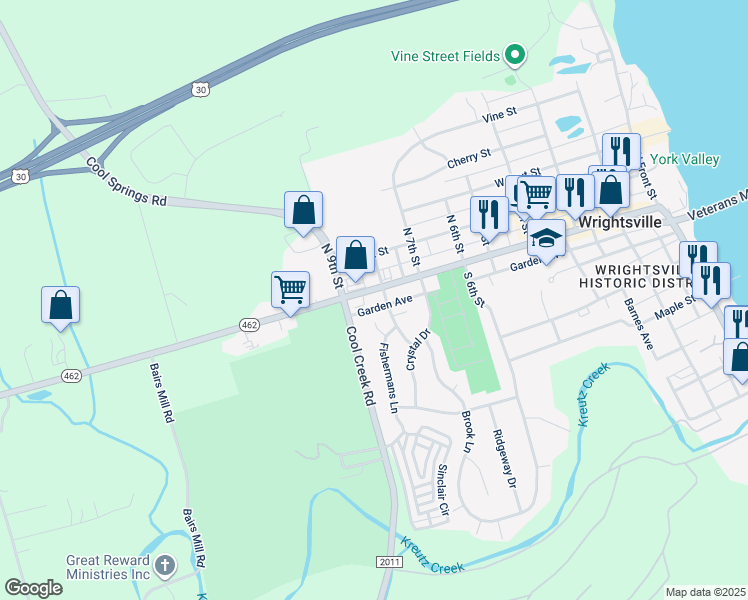 map of restaurants, bars, coffee shops, grocery stores, and more near 805 Hellam St in Wrightsville