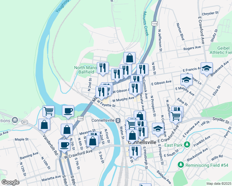 map of restaurants, bars, coffee shops, grocery stores, and more near 520 Highland Avenue in Connellsville