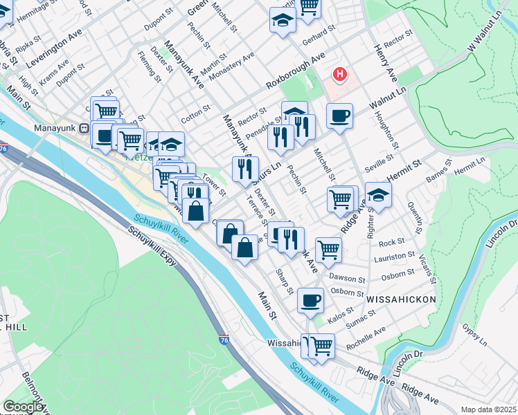map of restaurants, bars, coffee shops, grocery stores, and more near 3943 Terrace Street in Philadelphia
