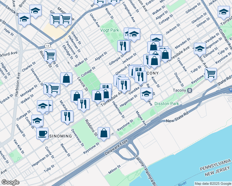 map of restaurants, bars, coffee shops, grocery stores, and more near 6530 Torresdale Avenue in Philadelphia