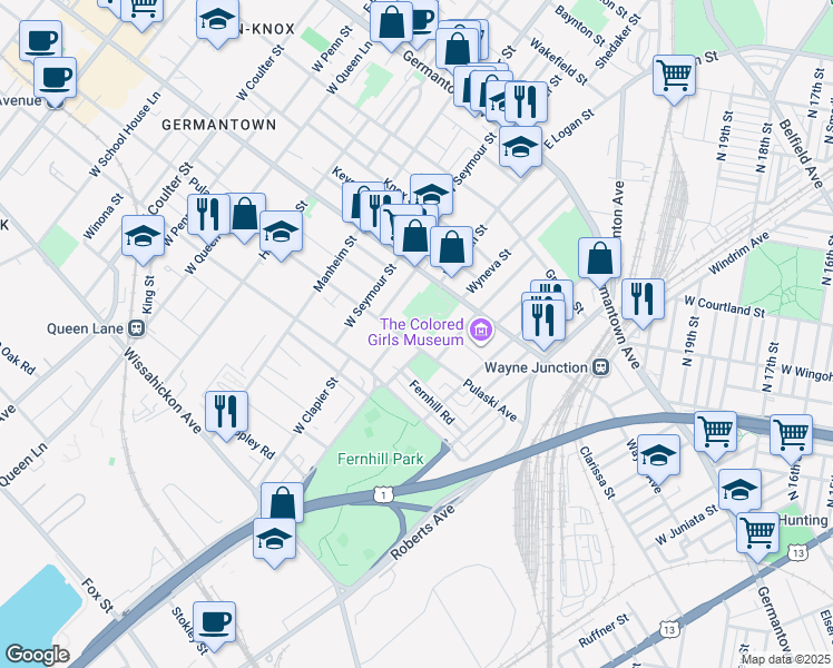 map of restaurants, bars, coffee shops, grocery stores, and more near 4841 Pulaski Ave in Philadelphia