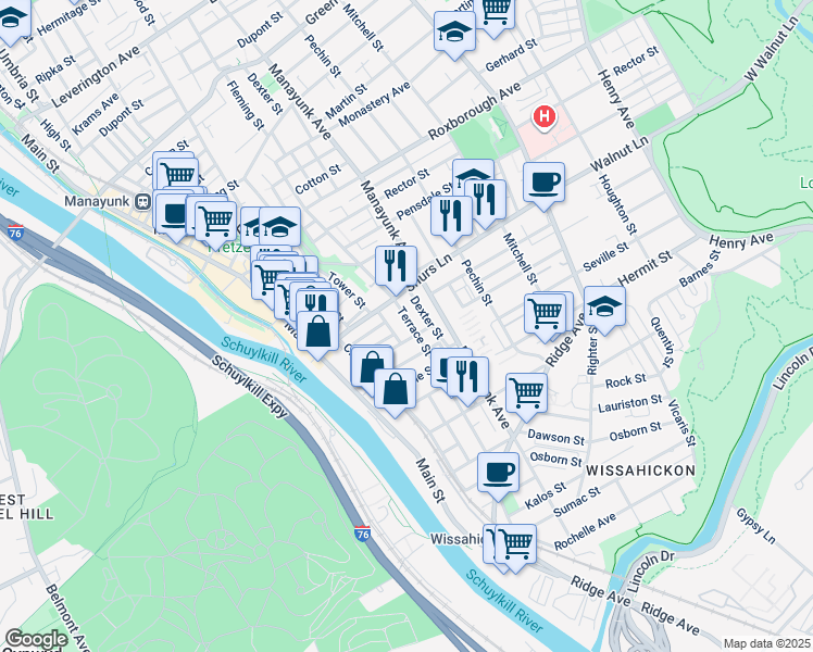 map of restaurants, bars, coffee shops, grocery stores, and more near 3954 Terrace Street in Philadelphia