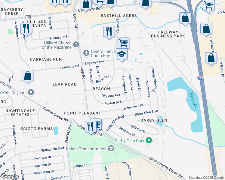 map of restaurants, bars, coffee shops, grocery stores, and more near 4493 Darley Court in Hilliard