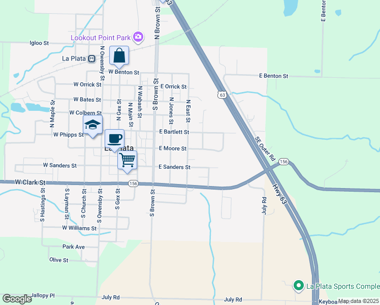 map of restaurants, bars, coffee shops, grocery stores, and more near 102 South East Street in La Plata