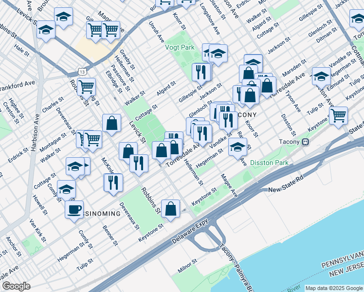 map of restaurants, bars, coffee shops, grocery stores, and more near 6513 Marsden Street in Philadelphia