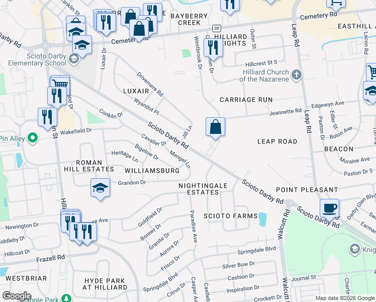 map of restaurants, bars, coffee shops, grocery stores, and more near 5044 Mengel Lane in Hilliard