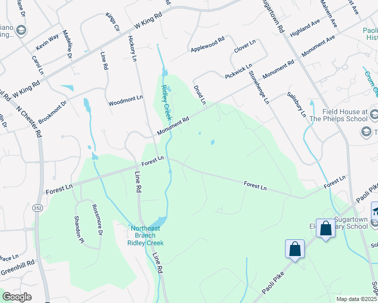 map of restaurants, bars, coffee shops, grocery stores, and more near 846 Forest Lane in Malvern