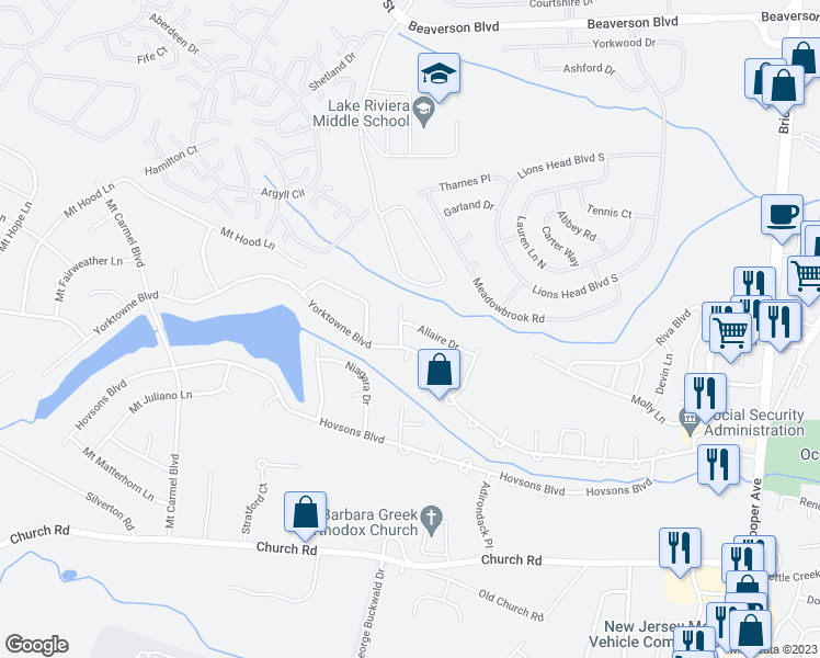 map of restaurants, bars, coffee shops, grocery stores, and more near 13 Allaire Drive in Toms River