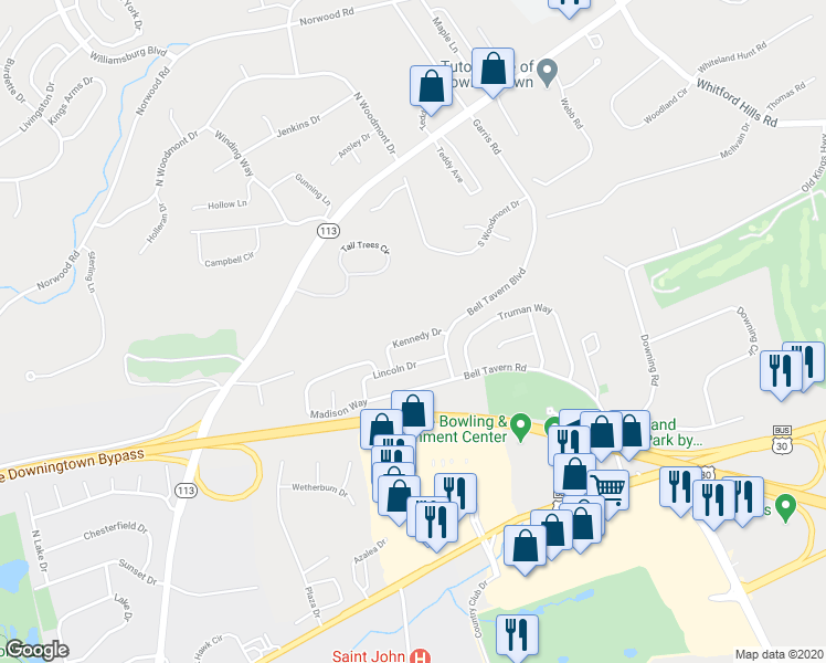 map of restaurants, bars, coffee shops, grocery stores, and more near 26 Kennedy Drive in Downingtown