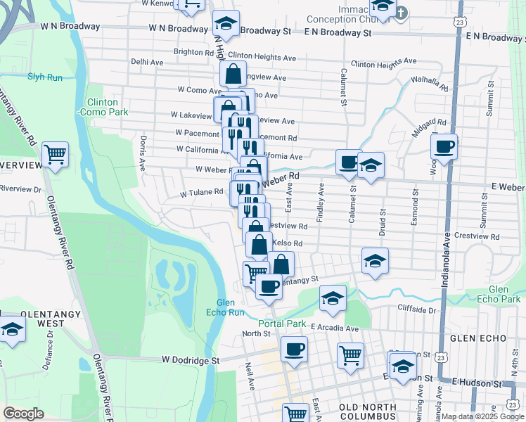 map of restaurants, bars, coffee shops, grocery stores, and more near 13 East Tulane Road in Columbus