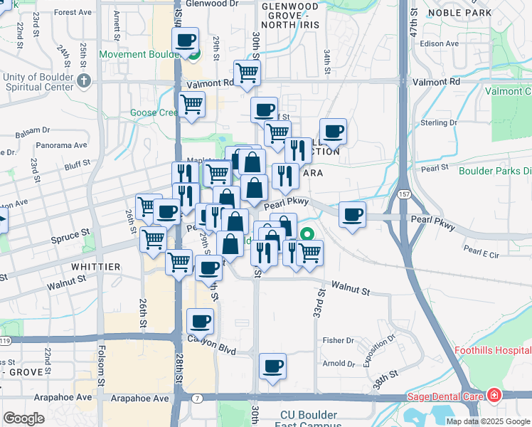 map of restaurants, bars, coffee shops, grocery stores, and more near in Boulder