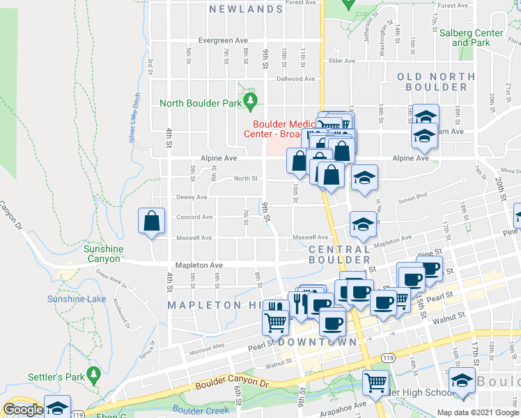 map of restaurants, bars, coffee shops, grocery stores, and more near 2616 7th Street in Boulder