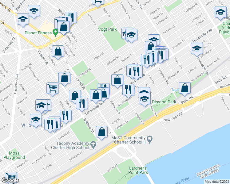 map of restaurants, bars, coffee shops, grocery stores, and more near 6524 Torresdale Avenue in Philadelphia