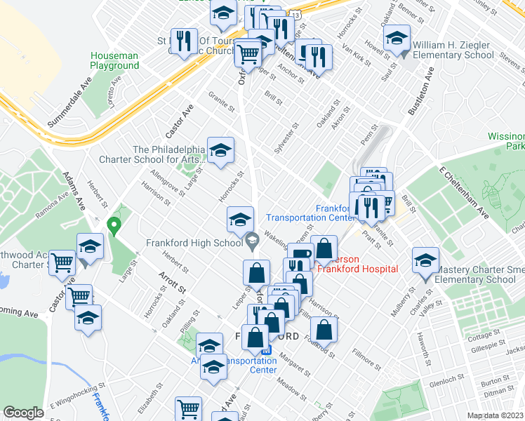 map of restaurants, bars, coffee shops, grocery stores, and more near 5051 Oxford Avenue in Philadelphia