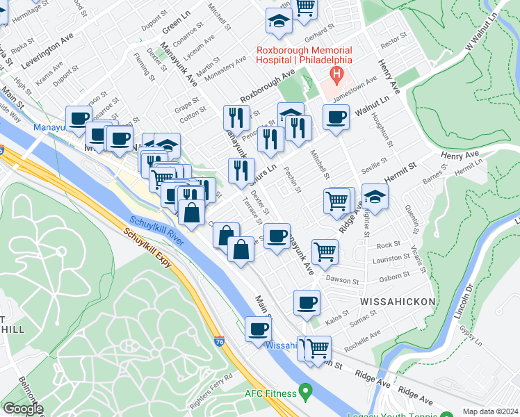 map of restaurants, bars, coffee shops, grocery stores, and more near 3943 Terrace Street in Philadelphia