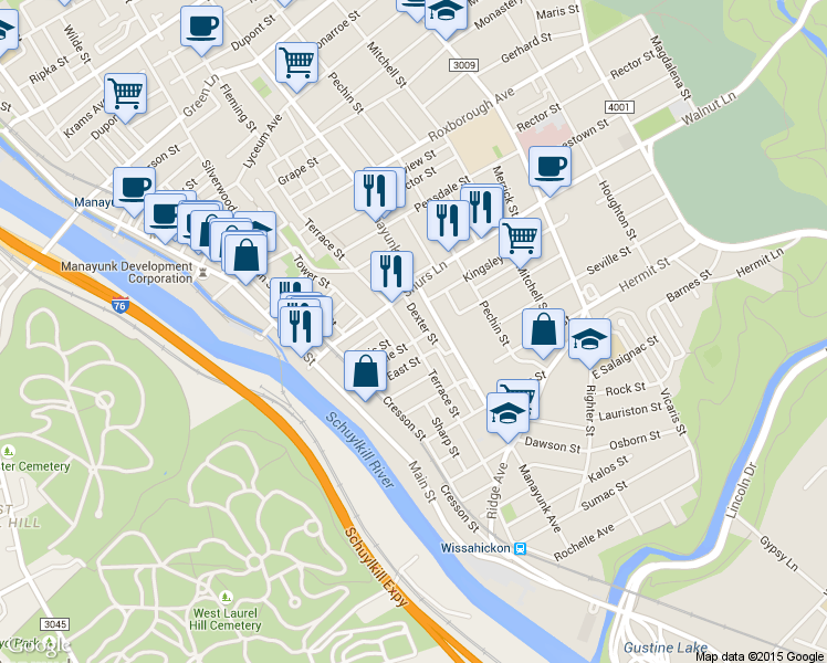 map of restaurants, bars, coffee shops, grocery stores, and more near 3943 Terrace Street in Philadelphia