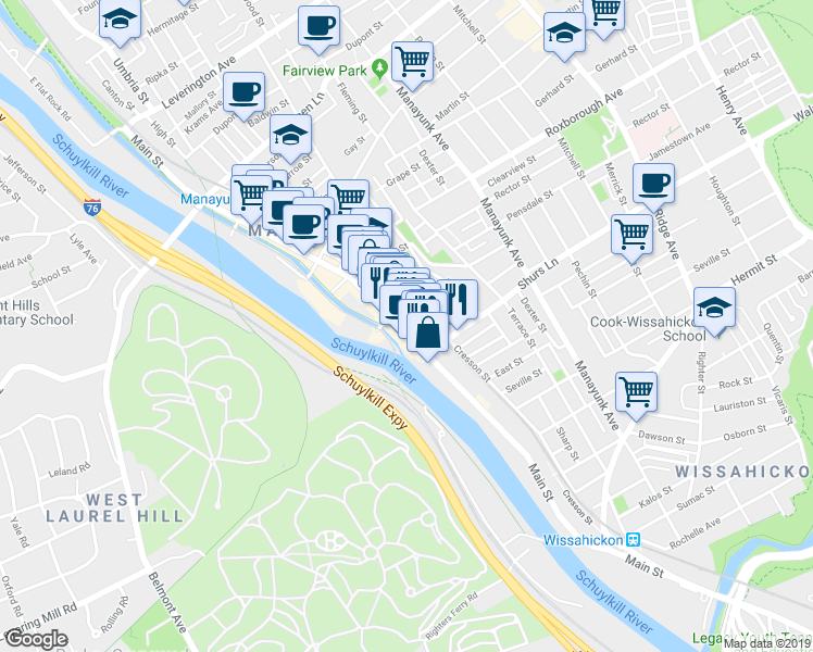 map of restaurants, bars, coffee shops, grocery stores, and more near 4139 Main Street in Philadelphia