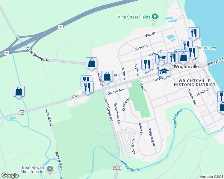 map of restaurants, bars, coffee shops, grocery stores, and more near 805 Hellam Street in Wrightsville