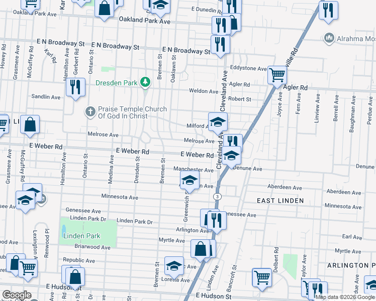 map of restaurants, bars, coffee shops, grocery stores, and more near 1624 East Weber Road in Columbus