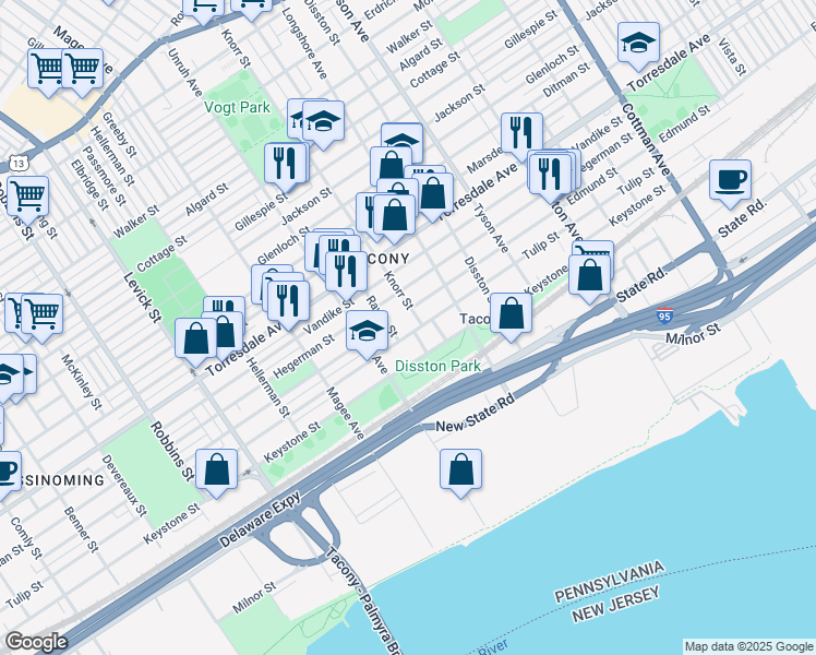 map of restaurants, bars, coffee shops, grocery stores, and more near 6740 Tulip Street in Philadelphia