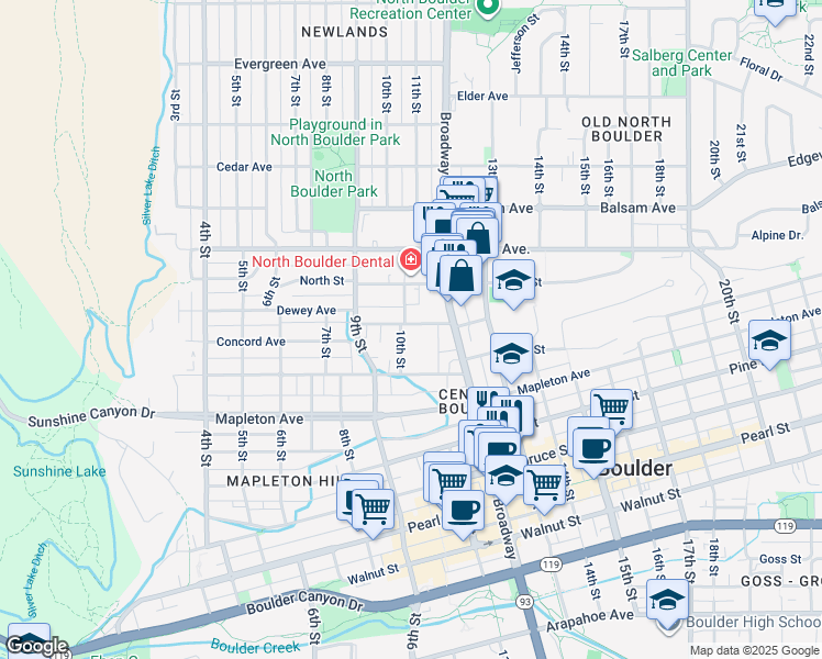 map of restaurants, bars, coffee shops, grocery stores, and more near 1122 Portland Place in Boulder