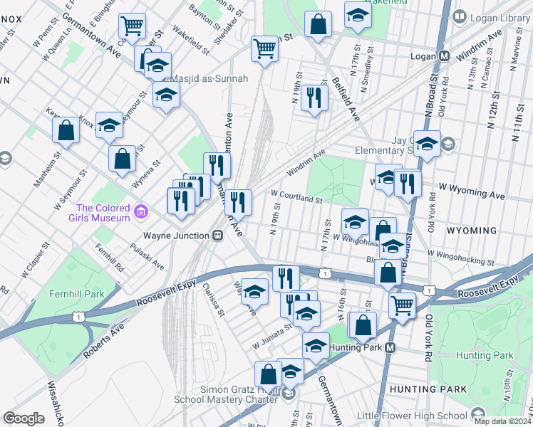 map of restaurants, bars, coffee shops, grocery stores, and more near 4521 North Uber Street in Philadelphia