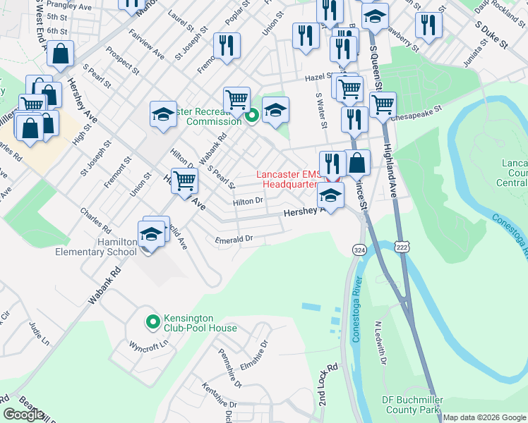 map of restaurants, bars, coffee shops, grocery stores, and more near 745 Hershey Avenue in Lancaster
