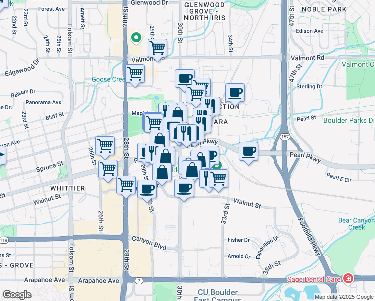 map of restaurants, bars, coffee shops, grocery stores, and more near 3000 Pearl Parkway in Boulder