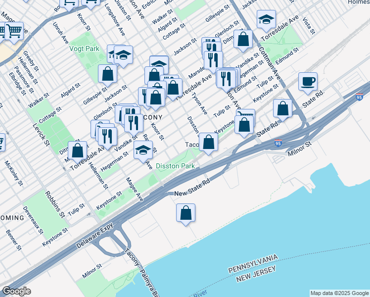 map of restaurants, bars, coffee shops, grocery stores, and more near 4922 Longshore Avenue in Philadelphia