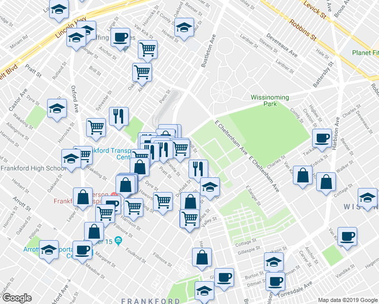 map of restaurants, bars, coffee shops, grocery stores, and more near 5336 Darrah Street in Philadelphia