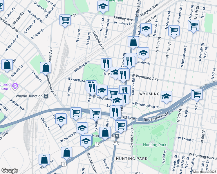 map of restaurants, bars, coffee shops, grocery stores, and more near 4558 North Hicks Street in Philadelphia