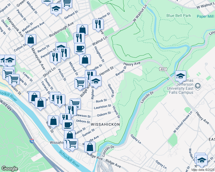 map of restaurants, bars, coffee shops, grocery stores, and more near 5474 Quentin Street in Philadelphia