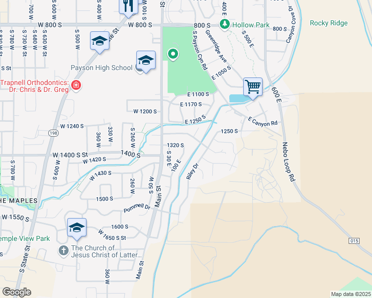 map of restaurants, bars, coffee shops, grocery stores, and more near 1355 100 East in Payson