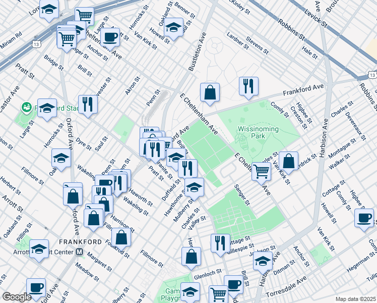map of restaurants, bars, coffee shops, grocery stores, and more near 1645 Brill Street in Philadelphia