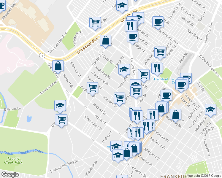 map of restaurants, bars, coffee shops, grocery stores, and more near 1124 Allengrove Street in Philadelphia