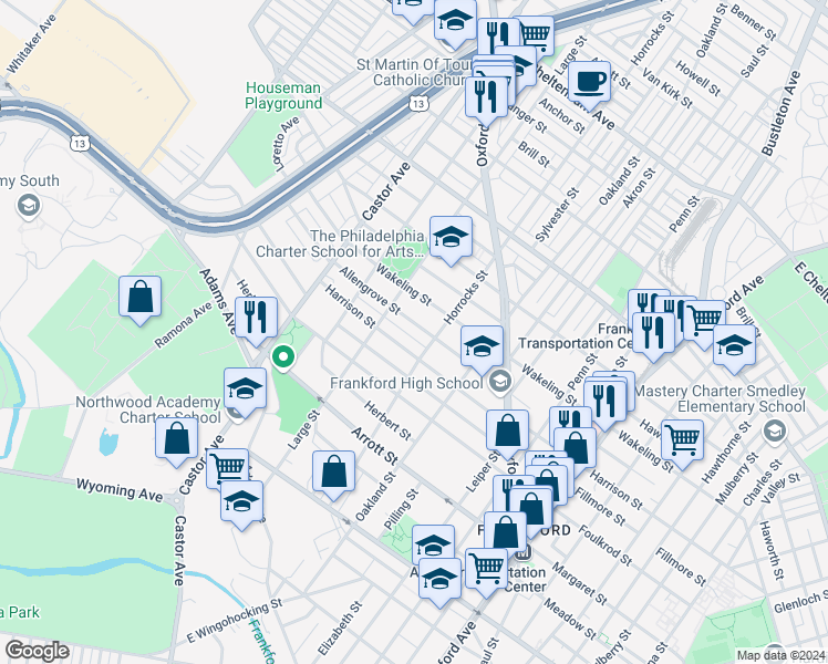 map of restaurants, bars, coffee shops, grocery stores, and more near 1124 Allengrove Street in Philadelphia